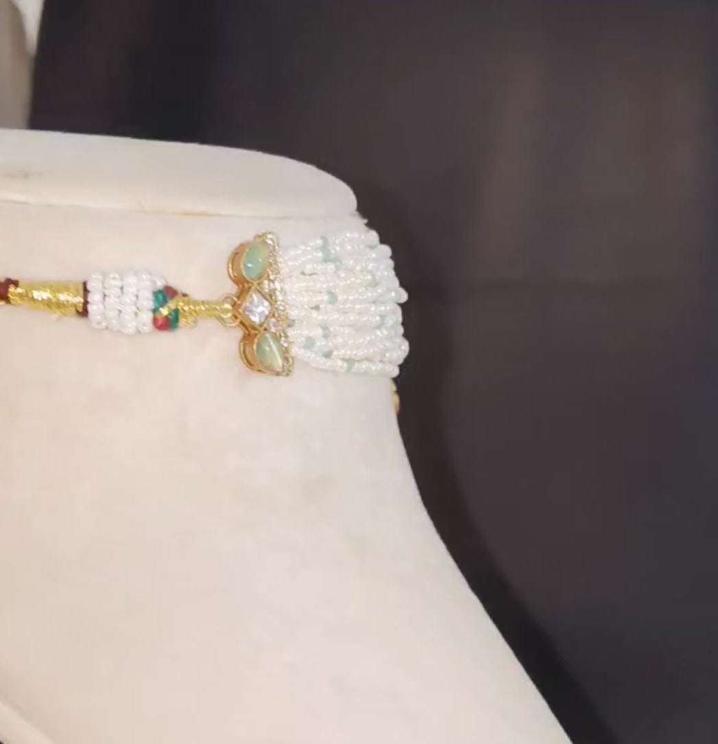 Reem Modest Mint Green Floral Kundan Pearl Choker Necklace Set Roz Jewellers.