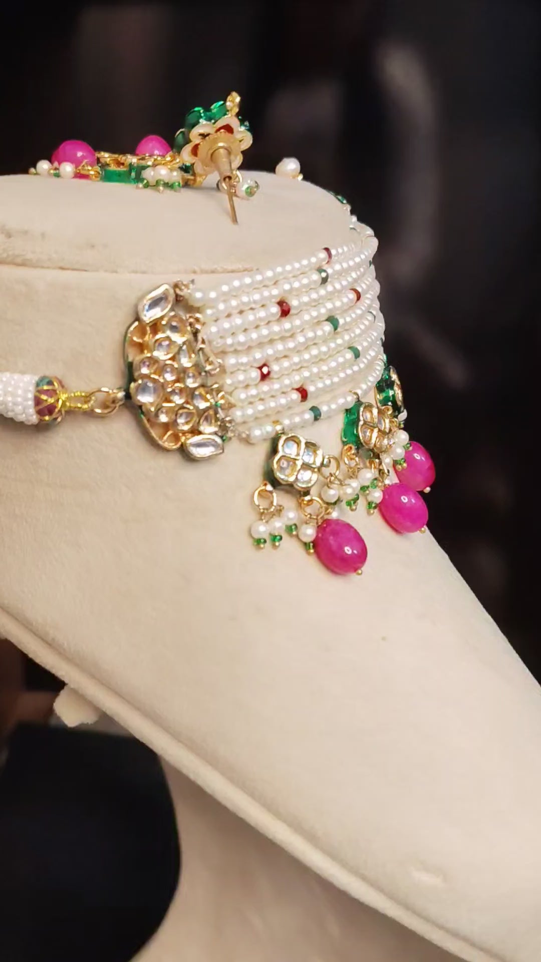 Indian Kundan Pearl Choker Necklace Earrings Set with Pink Drops Roz Jewellers
