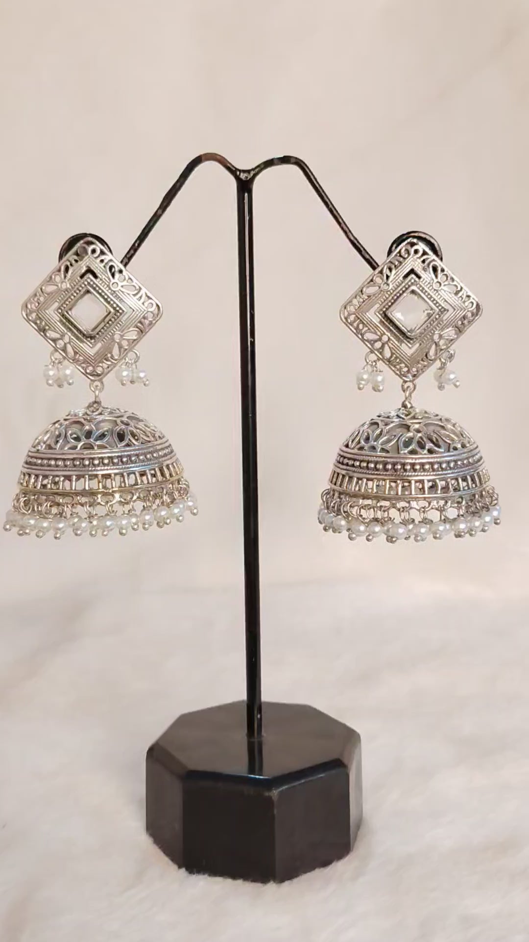 White Stone Square Oxidized Silver Kundan Jhumka Earrings with Pearl Roz Jeweller.