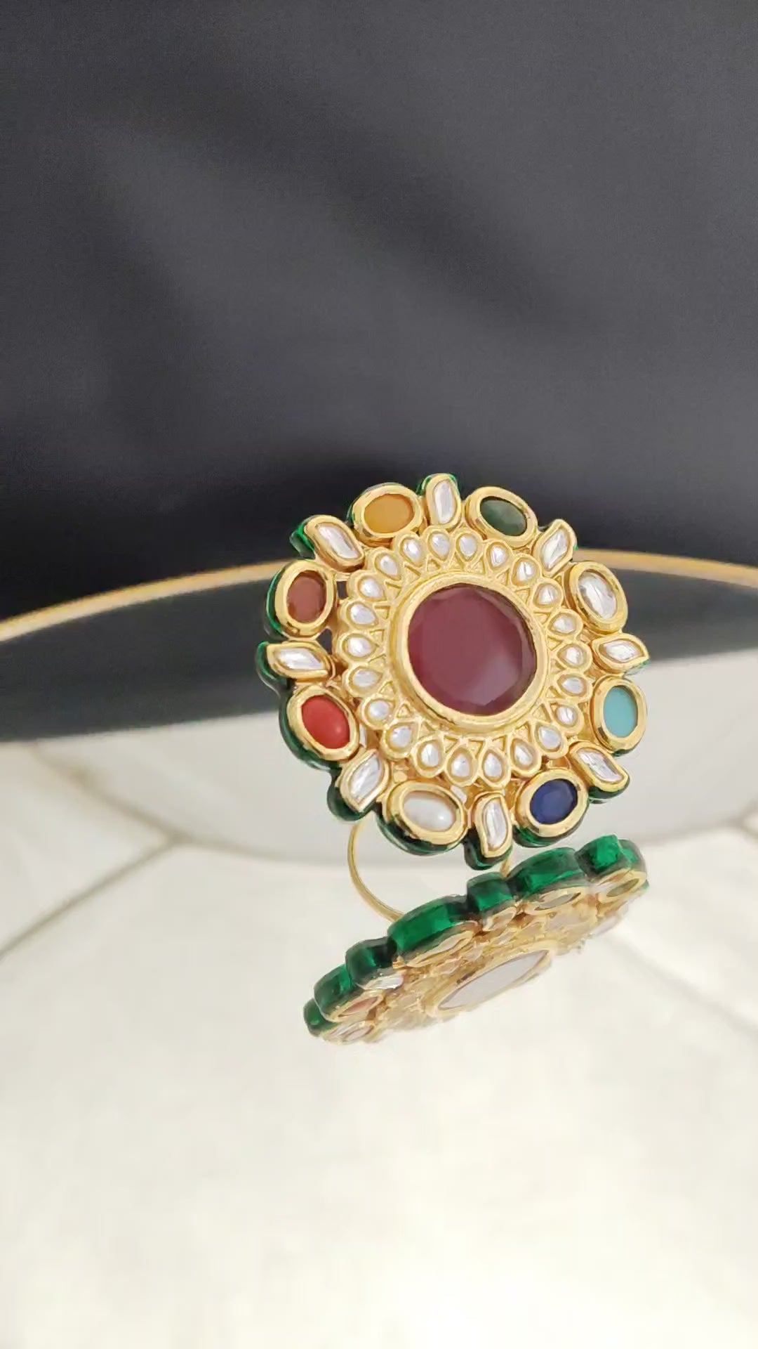Royal Floral Kundan Statement Ring with Green Stone Accent Roz Jewellers