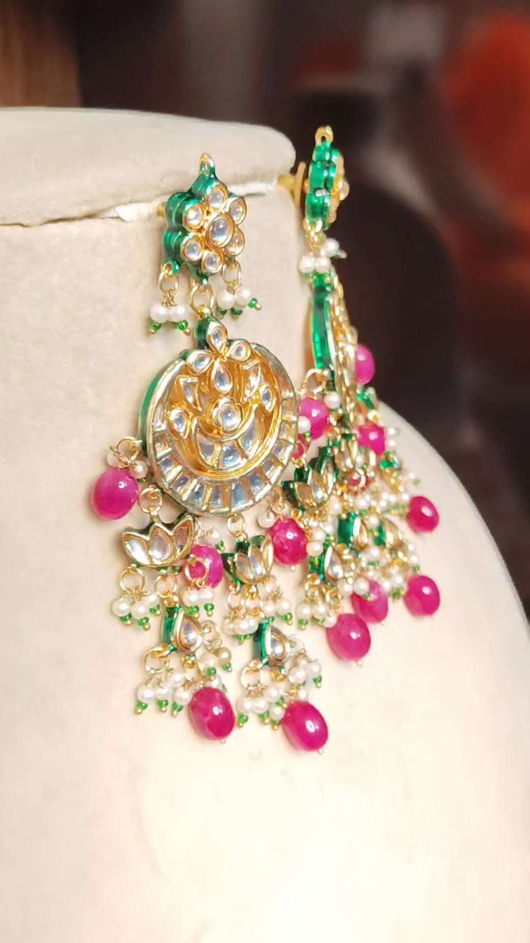 Exquisite Kundan and Pink Bead Crescent Earrings for Women Roz Jewellers