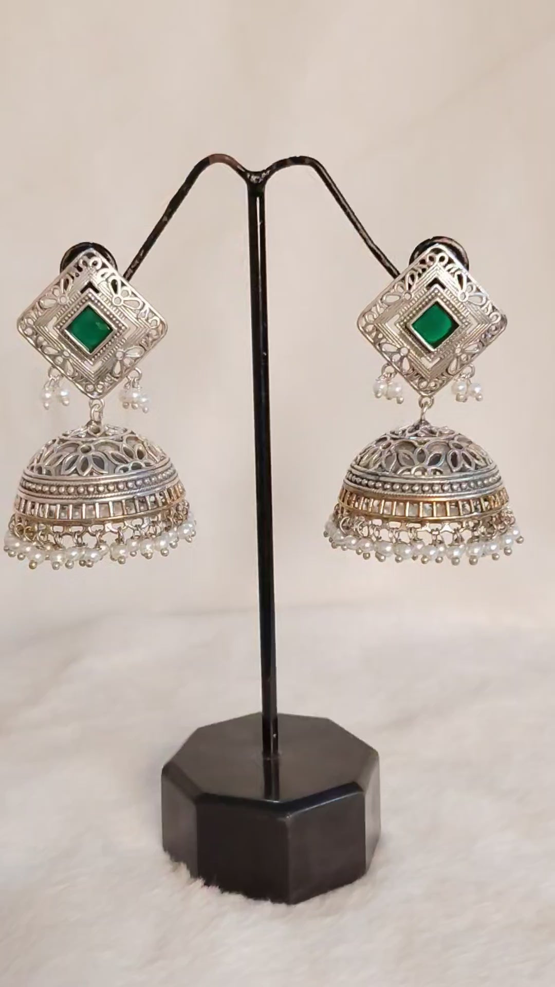 Zakiya Handcrafted Silver Kundan Jhumka Earrings with Green Square Stone Roz Jeweller.