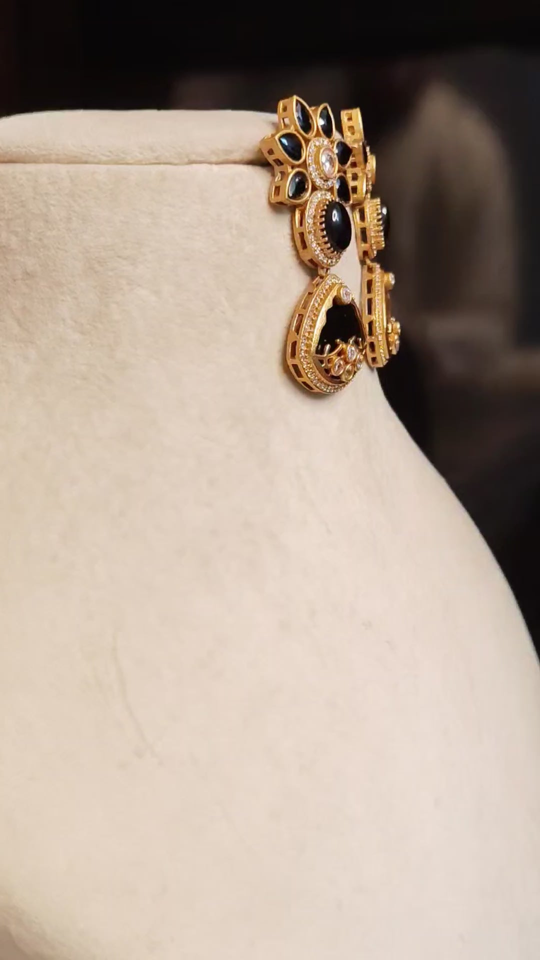 Nawra Wedding, Festive Black Kundan Floral Drop Inlay Earrings Roz Jewellers.