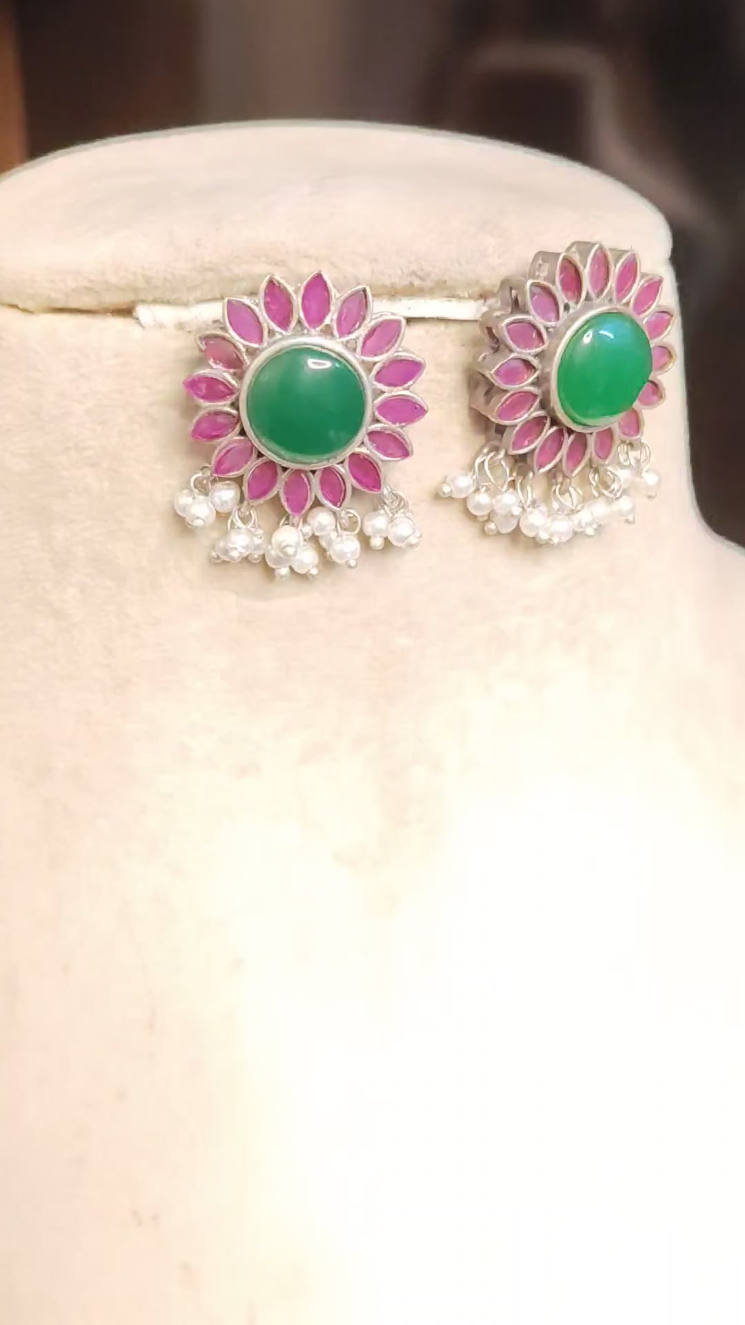 Blooming Lotus Oxidized Floral Kundan Earrings with Green Center Stone Roz Jewellers.