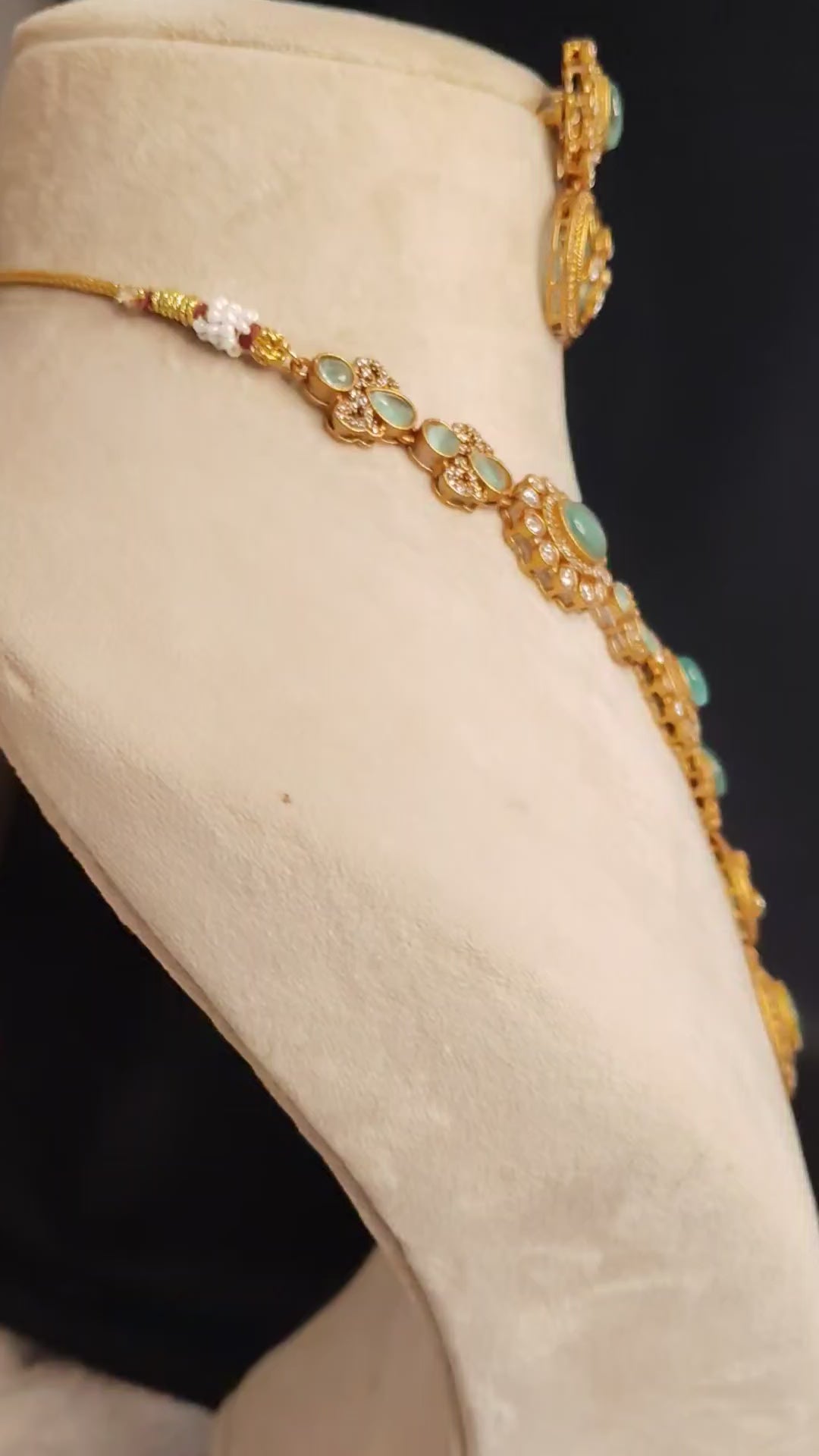 Hadiya Indian Mint Green Stone Necklace Set with Antique Gold Finish Roz Jewellers.