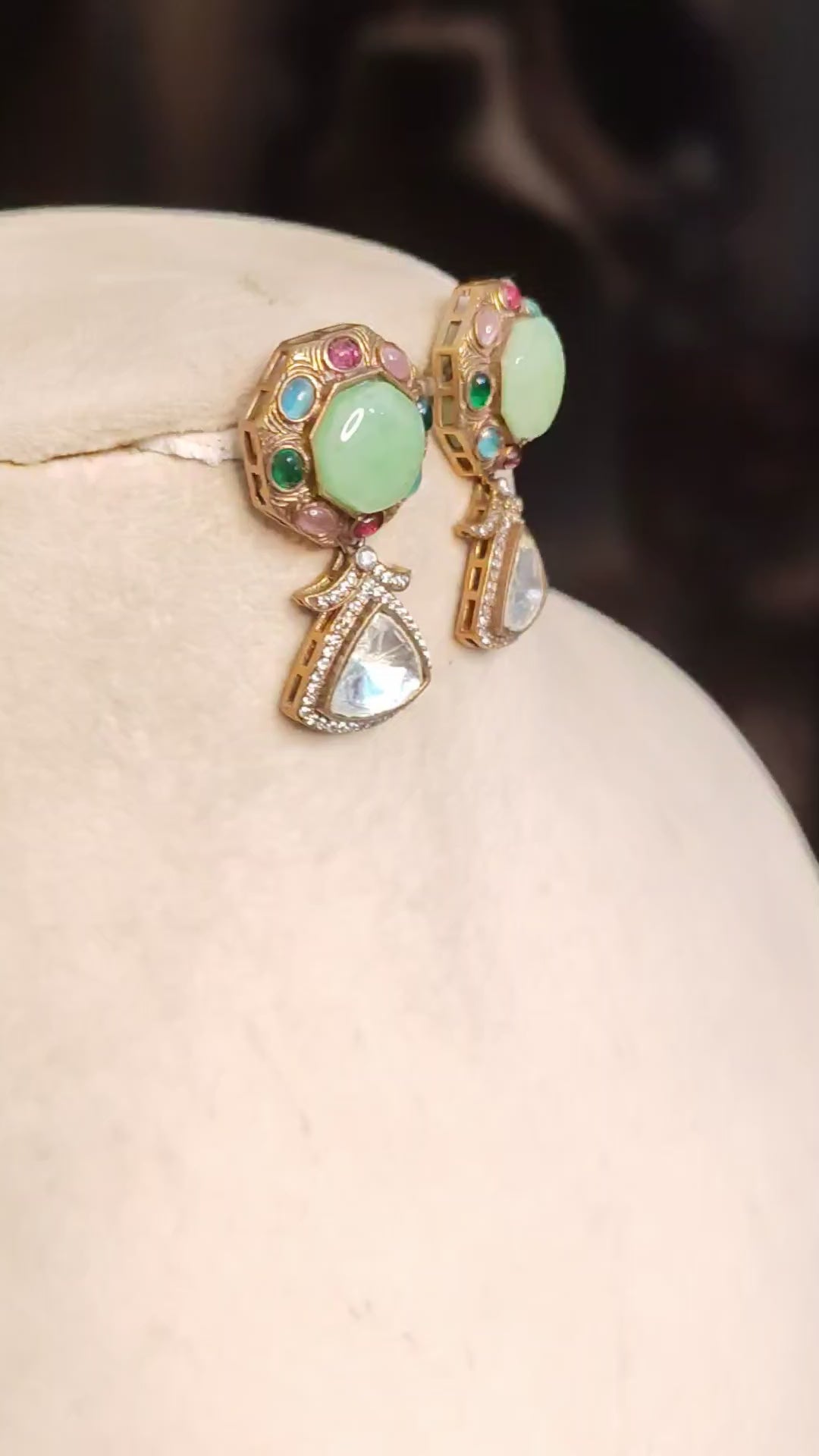 Luxury Mint Green Multi Kundan Stone Designer Earrings Gold Tone Drop Roz Jewellers.